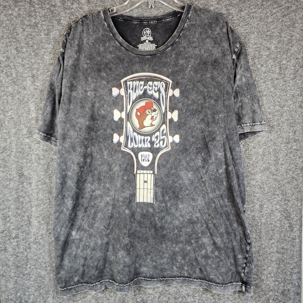 Buc-ees T-Shirt Womens 3X Tour 25 Graphic Guitar Acid Wash Gray EUC